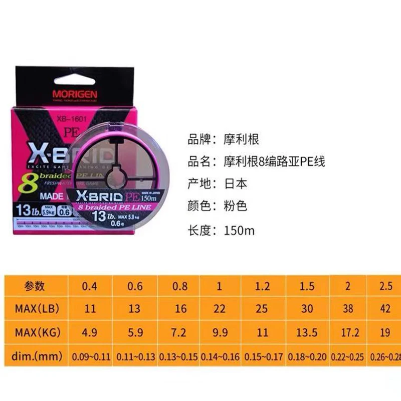 Morigen-señuelo trenzado original japonés Xbraid Pe line 8, línea de pesca rosa y azul, 150 metros, línea superior de PE - imagen 5