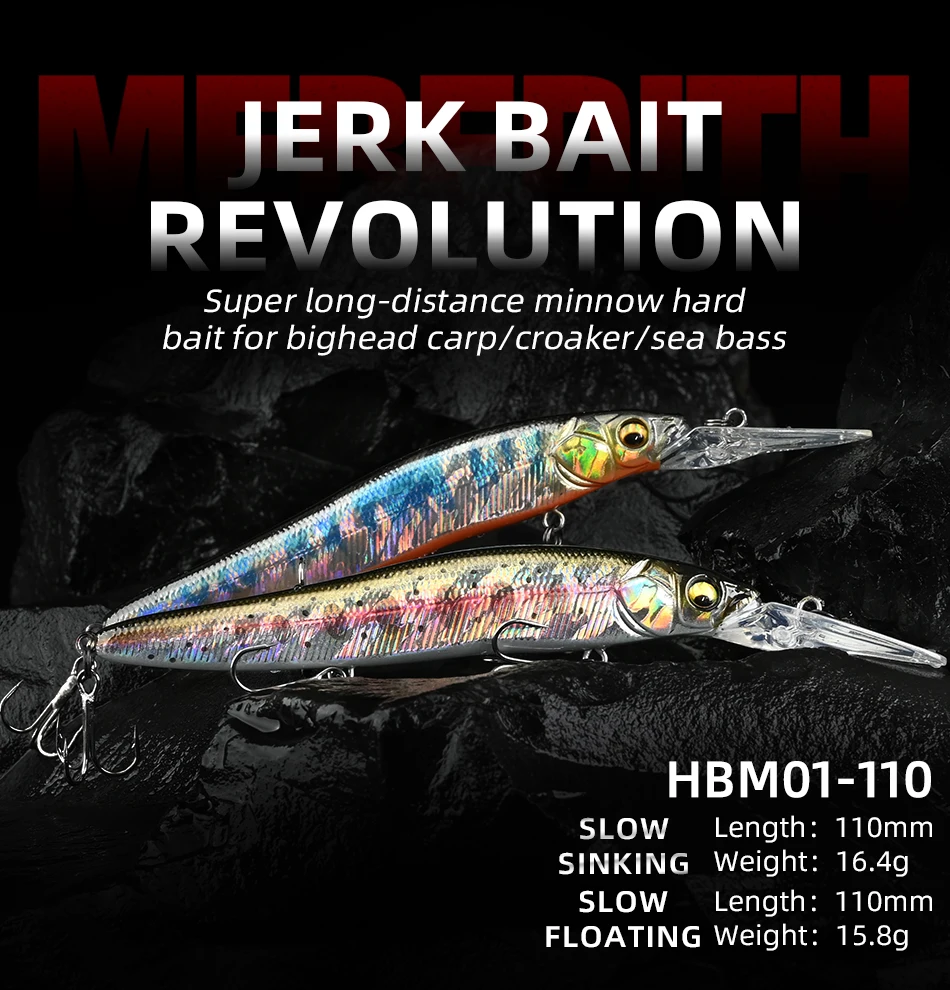 Señuelo MEREDITH mostrando su diseño de minnow wobbler y 110mm para pesca de bass y pike