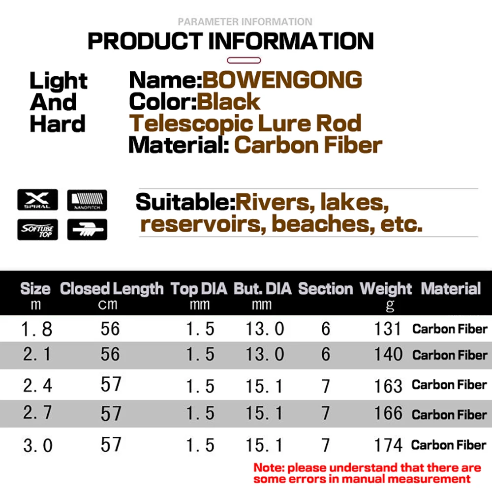 Caña de pescar telescópica de carbono, caña de pescar portátil giratoria de 10-20g, 1,8 M, 2,1 M, 2,4 M, 3M, para barco - imagen 5