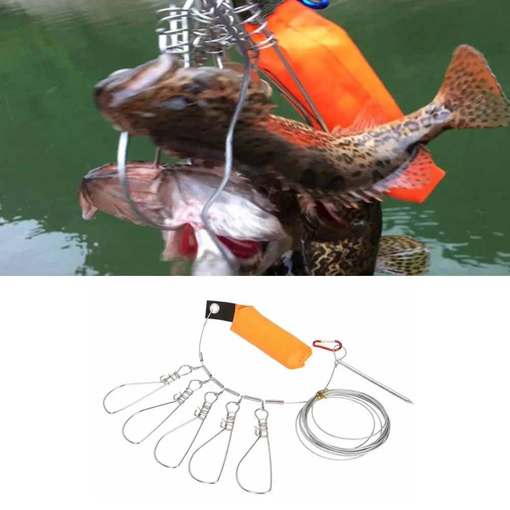 Cuerda de pescado portátil de acero inoxidable, 5m de longitud con 5 broches de hebilla, Cable de bloqueo de pesca, bloqueo de pez naranja, pesca en Kayak - imagen 3