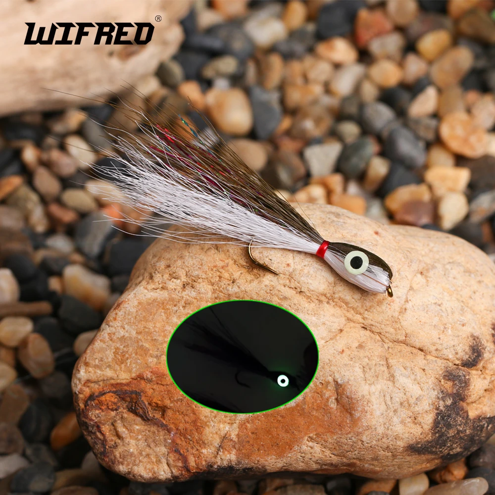 Wifreo 2 piezas/3 piezas # 8 Thunder Creek Minnow Olive White Bucktail 3D ojos luminosos pesca con mosca pequeño cebo señuelo trucha lubina Pike