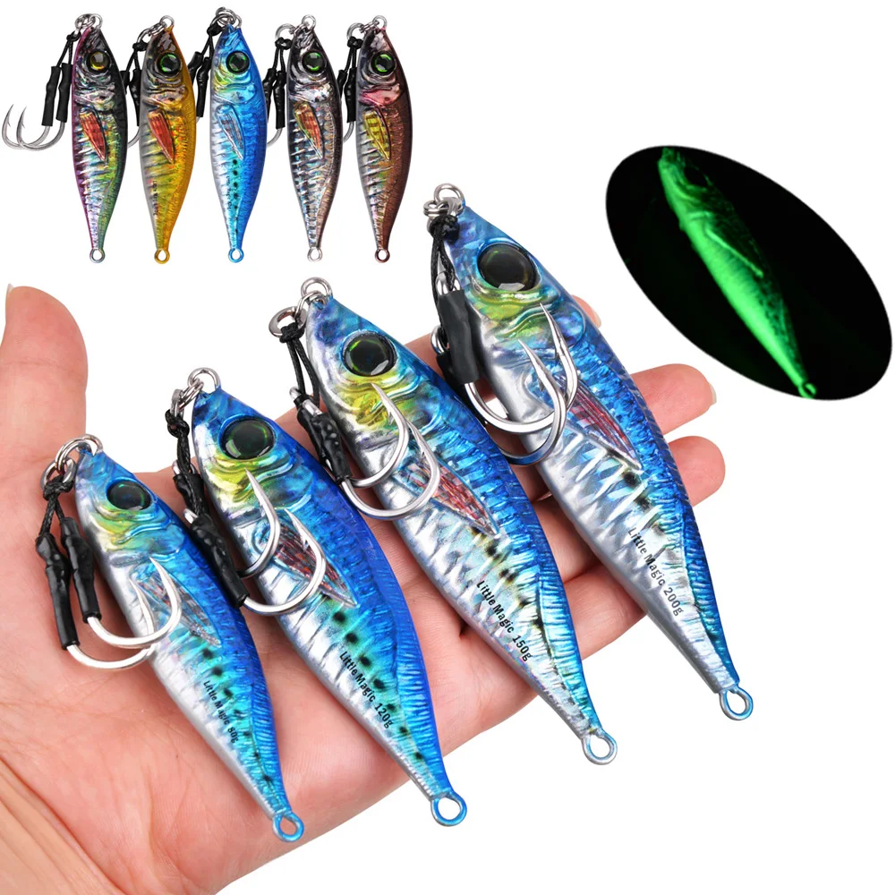 Plantillas de pesca de Metal lento, señuelo de Jigging lento luminoso, 80/120/150/200g, cebo de cuchara de pesca curricán de atún y mal de agua salada