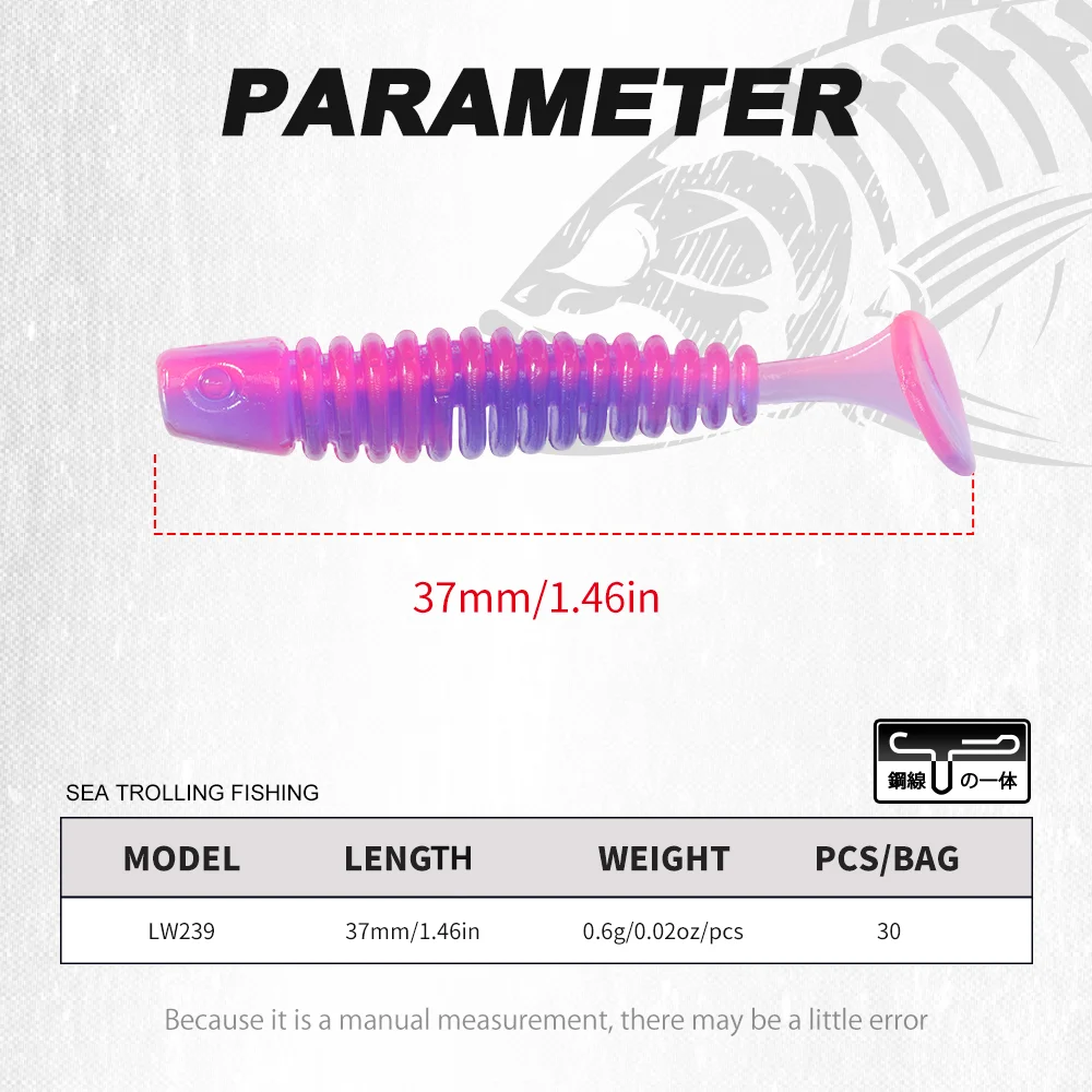 Hunthouse-señuelo de pesca suave con cola en T, 37mm, 0,6g, 30 unids/bolsa, cebos de plástico, gusano suave de goma Artificial para lubina, aparejos de pesca de silicona - imagen 3