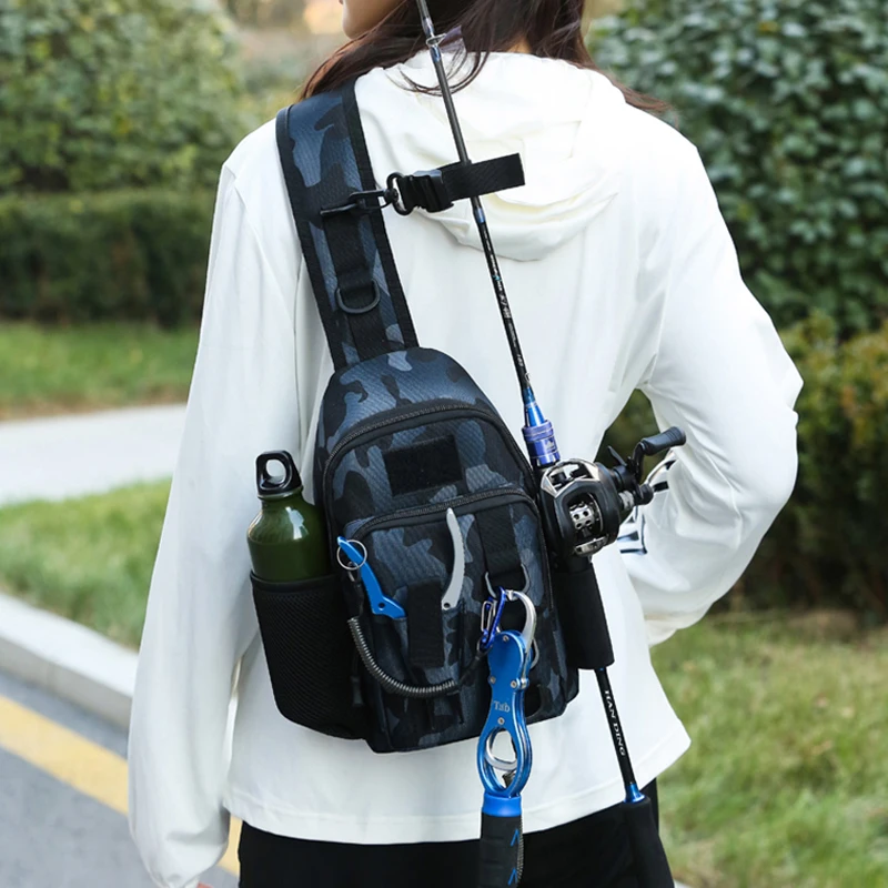 Bolsa de pecho para señuelos de pesca con soportes para cañas, riñonera táctica, mochila de almacenamiento de cebo Molle, riñonera de almacenamiento para caza y senderismo al aire libre - imagen 3