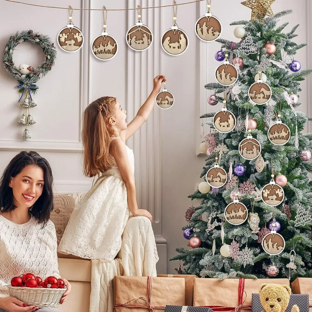 Woodiness colgante de Navidad ahuecado, colgante estereoscópico multicapa, colgante tallado en madera Circular, joyería - imagen 4