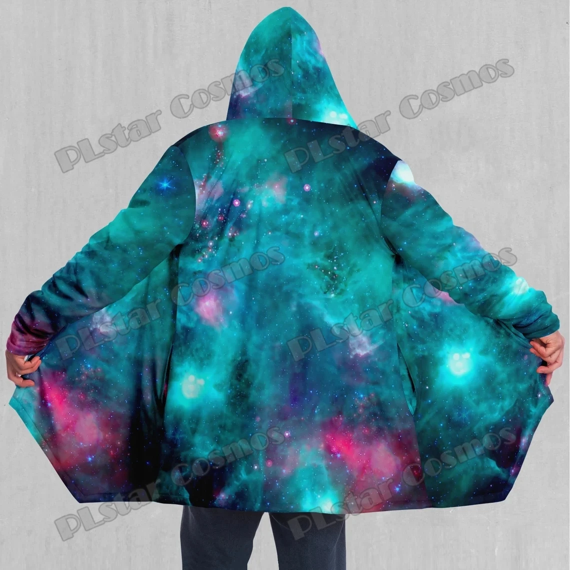 Capa con capucha y forro de Sherpa para hombre con estampado 3D de nebulosa azul de galaxia Aurora, capa gruesa y cálida informal para invierno, BB77 - imagen 5