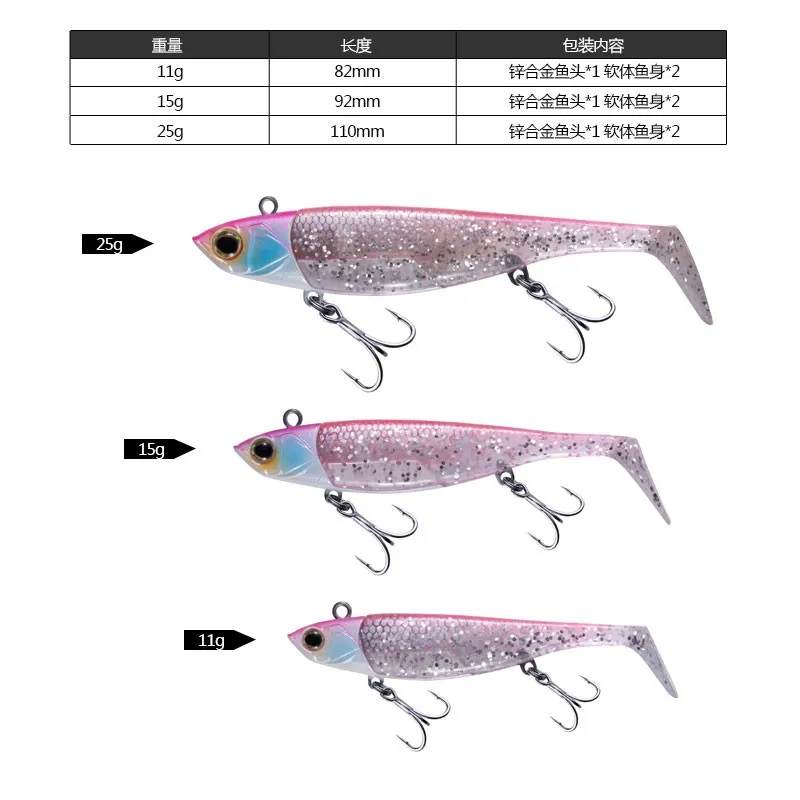EWE Niuniuyu-Cebo blando t-tail de 82/92/110mm, señuelo de cabeza de pesca de pez de aleación de Zinc, 11g/15g/25g Isca, cebo Artificial Wobbler para lubina - imagen 3