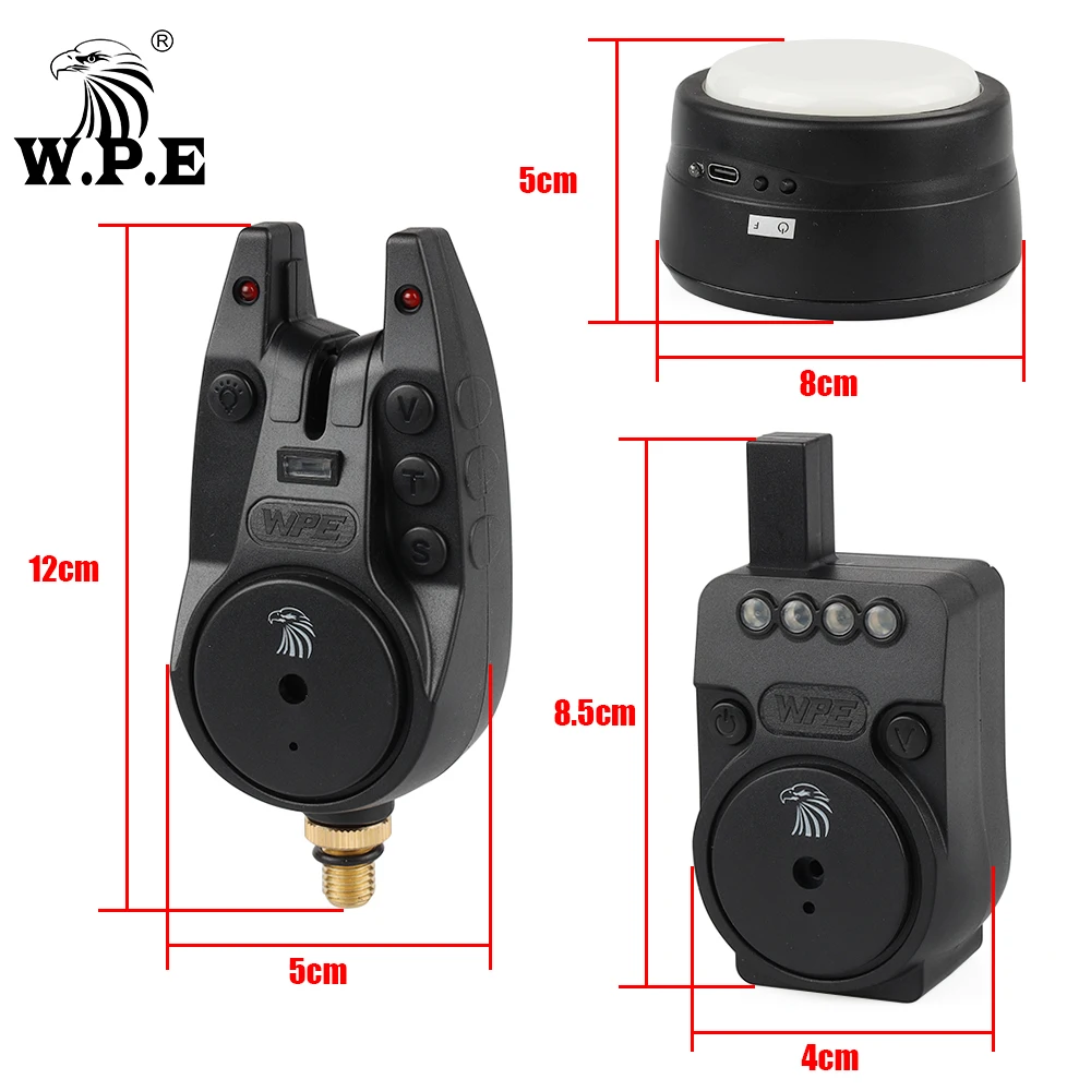 W.P.E 1 Juego de alarma de cebo de pesca de carpa electrónica 4 + 1 Juego LED sonido Indicador de alerta inalámbrico tienda de campaña luz alimentador de carpa alarma de pesca - imagen 2