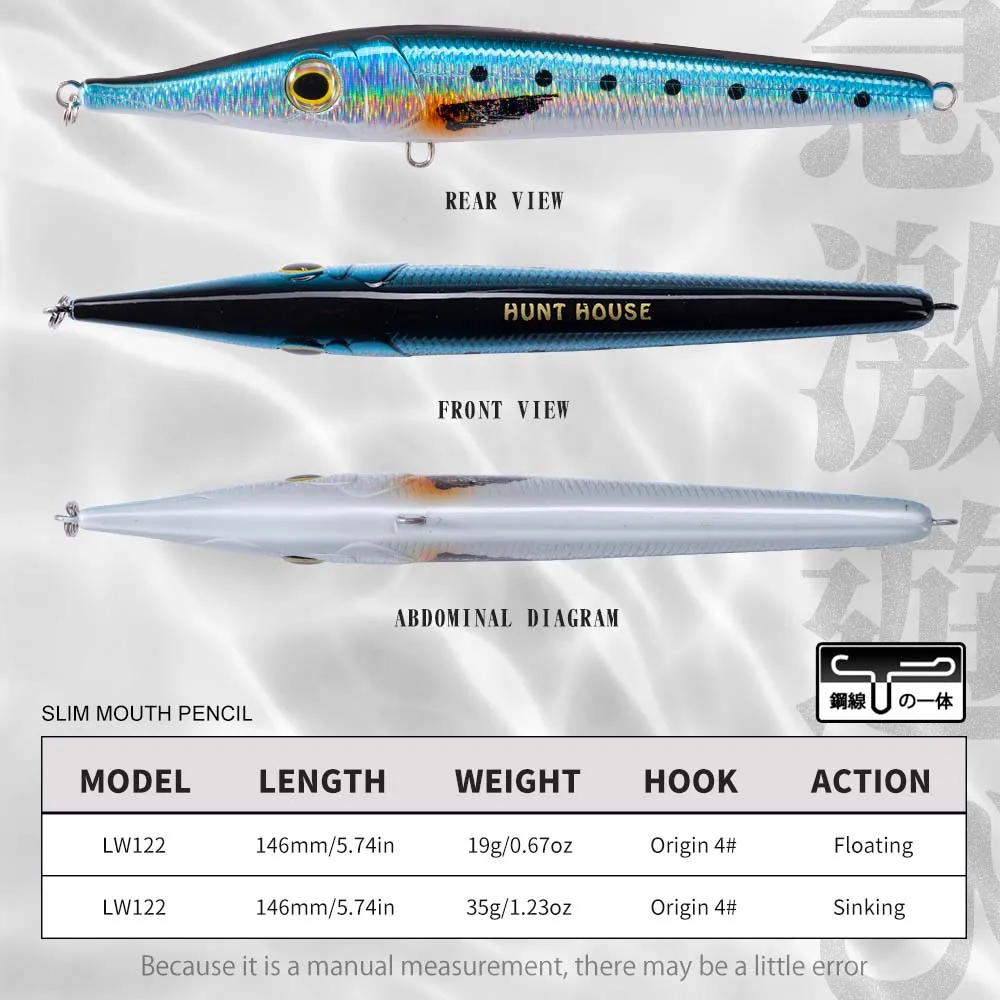 Hunthouse-señuelo de pesca tipo lápiz, cebo de 146mm, 19g, flotante de fundición larga para lubina, Zargana, Wobber - imagen 2