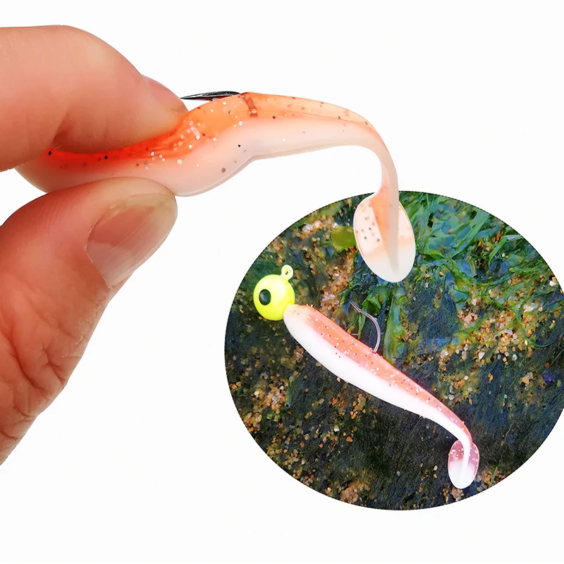 Juego de 10 señuelos de gusano cola T, 55mm, 70mm, 90mm, cebo de simulación de silicona suave, cabeza de plantilla artificial, gancho de manivela, spinner - imagen 5