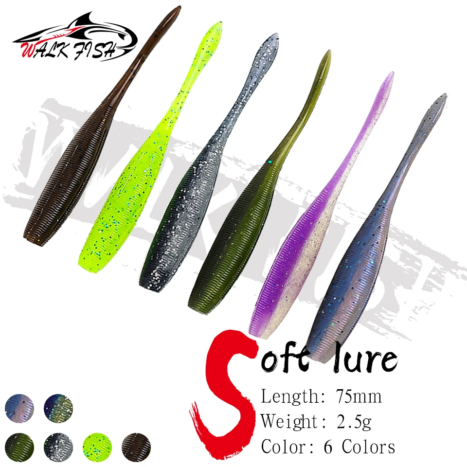 WALK FISH-señuelos blandos de Pesca, 6 uds., 7,5 cm, 2,5g, cebos de plástico Artificial de silicona, Pesca de carpa, lubina, Wobblers que se hunden