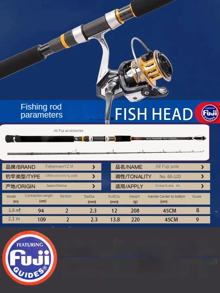Caña de pescar giratoria superdura, caña de tiro para lanzamiento en mar profundo, caña de arrastre para barco oceánico, todas las partes de Fuji, 1,8 m, 2,1 m - imagen 4
