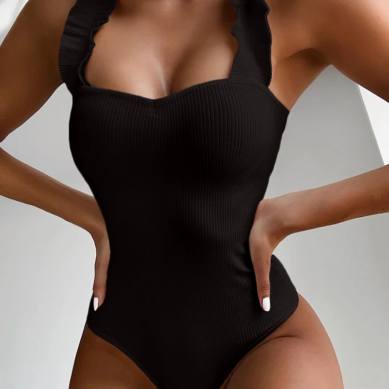 Bañador acanalado con volantes para mujer, traje de baño de una pieza con correa para el hombro, traje de baño liso Sexy, Bikini - imagen 2
