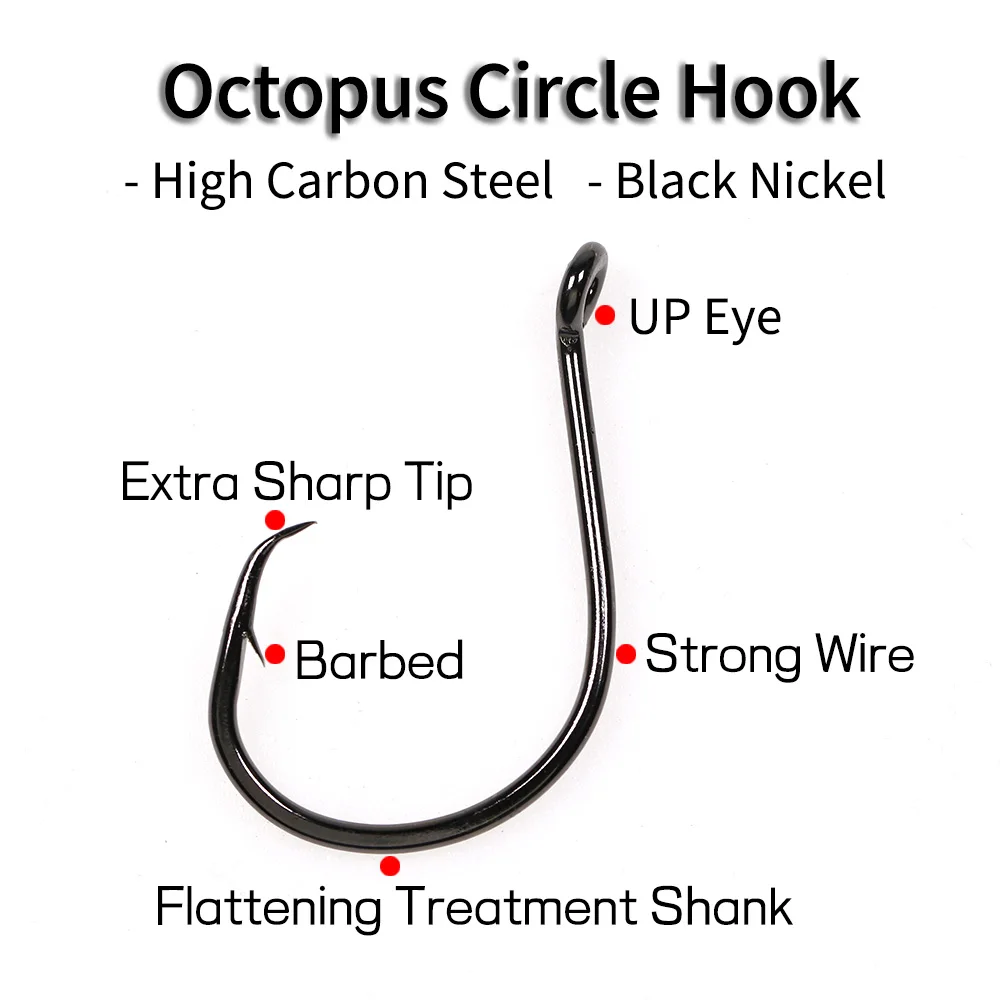 Elllv-anzuelo circular de pulpo de alambre fuerte, 100 piezas, acero al carbono, níquel negro, agua salada, agua dulce, 3/0 - 8/0 - imagen 3