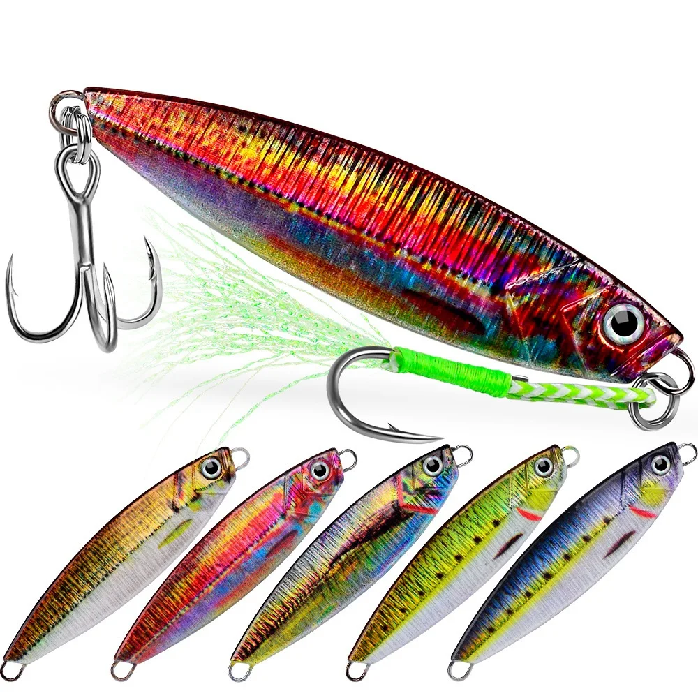 Señuelo de pesca con cuchara de Jigging, 10-40g, cebo de Metal de hundimiento rápido, Color biónico y cola, acción oscilante para lubina, Lucio, pesca en agua salada