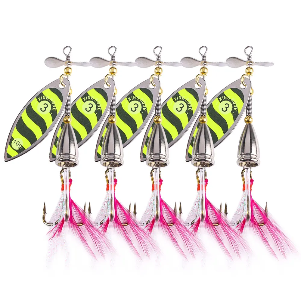 1 ud./5 uds cebo giratorio 10,8g señuelos de cuchara dura señuelo de pesca de Metal con anzuelos triples de plumas para Lucio Muskie Walleye Zander pesca