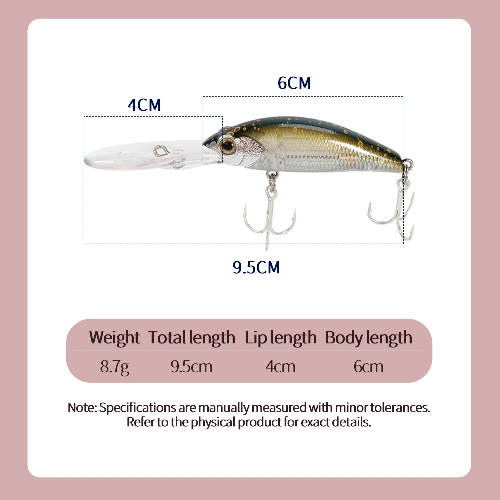 TOLU-señuelo de pececillo, 1 Uds., 9,5 cm, 8,7g, Wobblers, señuelo de pesca de buceo profundo, cebo duro Artificial, pesca en el mar, lubina, Lucio - imagen 2