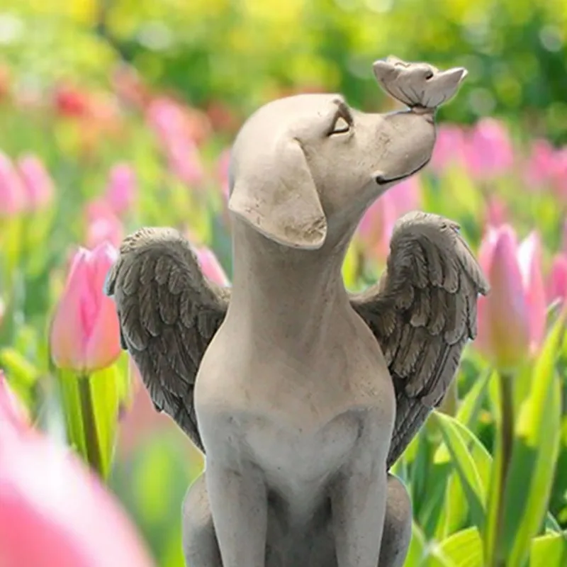 Escultura de perro de Ángel y mariposa de resina, estatua conmemorativa de perro mascota bonita para el hogar, decoración de primavera para patio al aire libre, decoración artística de jardín