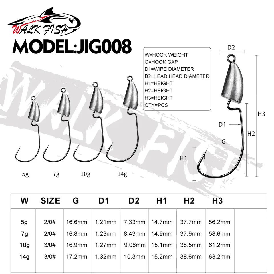 WALK FISH-anzuelo de acero al carbono con cabeza plomada, 5g, 7g, 10g, 14g, gusano Offset, señuelo de pesca, accesorios para aparejos de Texas, 5 uds. - imagen 3