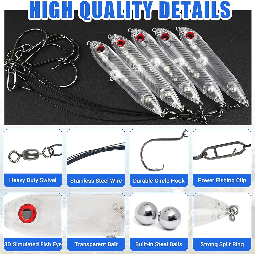Kit de aparejos de bagre, 10 Uds., 5 uds., línea de sonajero para pesca con gato, señuelos flotantes con 5 uds., líderes de acero, anzuelos circulares, aparejos para aparejos Santee - imagen 3