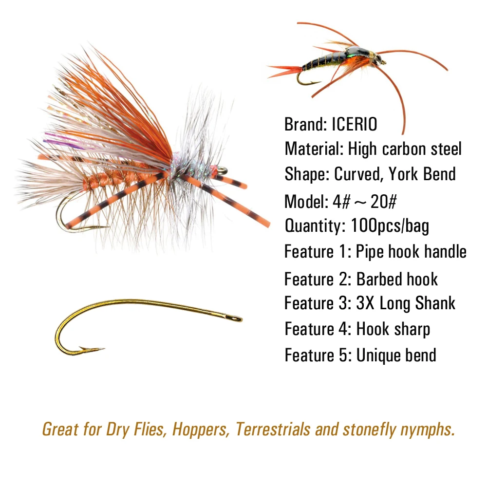 ICERIO-gancho de mosca curvada de ninfas, 100 piezas, estimulador de mosca seca terrestre, ganchos de púas Stonefly - imagen 3