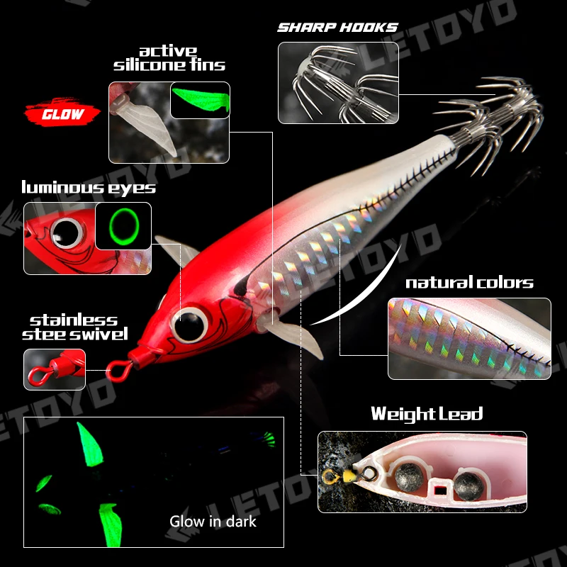 LETOYO 73mm/8g 90mm/10g Cebo flotante para calamares Cebo luminoso para pesca con jig Cebo artificial EGING Para Señuelo para pulpo Webfoot  Pesca de sepia EGI  Señuelo para pesca en el mar - imagen 3
