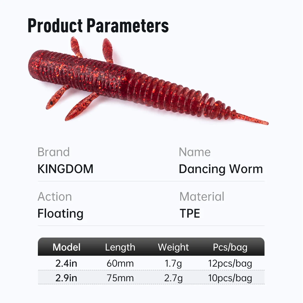 Kingdom Dancing-señuelo suave de gusano para pesca, 1,7g, 2,7g, 60mm, 75mm, S, flotante, TPE, Swimbaits, olor a pescado, señuelo de lubina Artificial - imagen 3