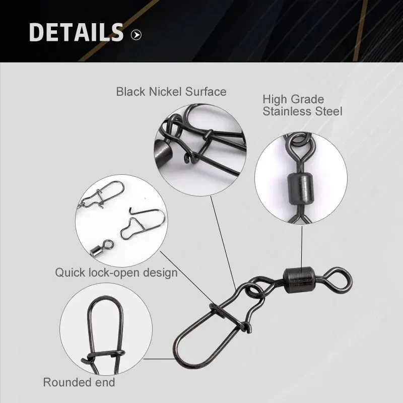 100 unids/caja conector de pesca de acero inoxidable Pin 4 #   6 #   8 # 10 # 12 #   Rodamiento giratorio con accesorios para señuelos de anzuelo a presión - imagen 3