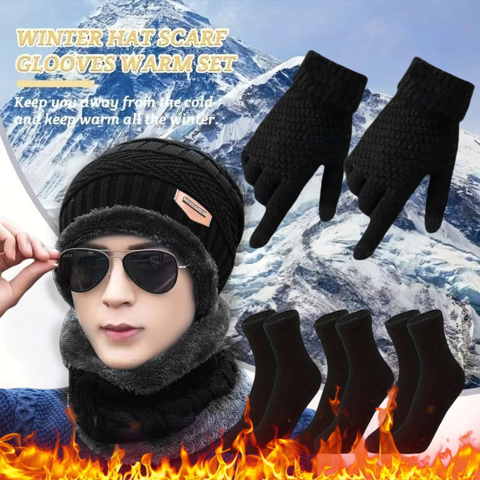 Conjunto de gorro cálido para hombre, gorro de felpa de punto grueso para exteriores, Kit de calcetines y guantes para ciclismo, Camping, pesca, esquí, accesorios deportivos - imagen 3