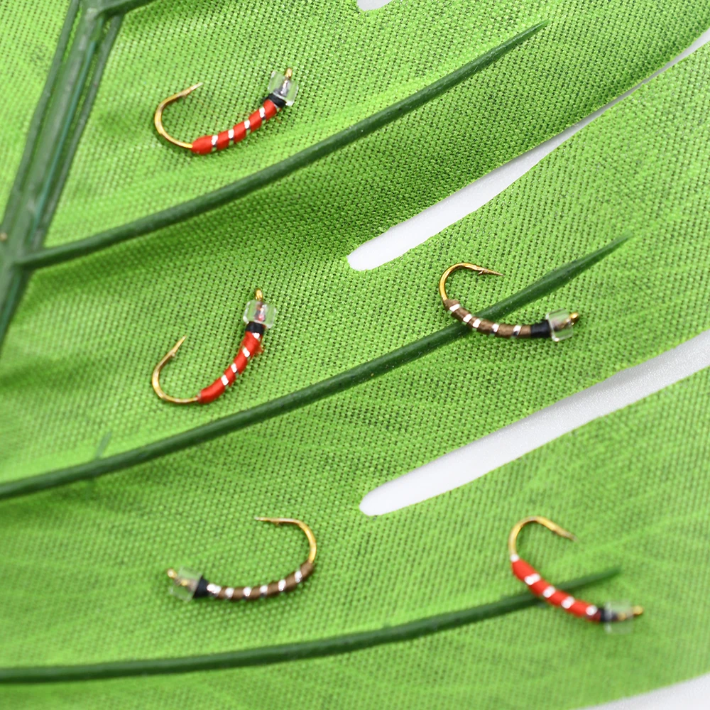 MNFT 10PCS 12 #   Cabeza dorada de latón rojo y marrónMidge moscas Pupa Larva Ninfa para pesca con mosca - imagen 5