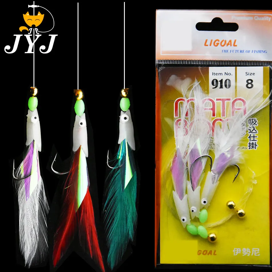 JYJ 3 anzuelos/juego de cabeza de pez luminosa, señuelo de pesca con un solo anzuelo, plantillas de cebo, pesca de gusanos, anzuelos de cuerda sabiki - imagen 2