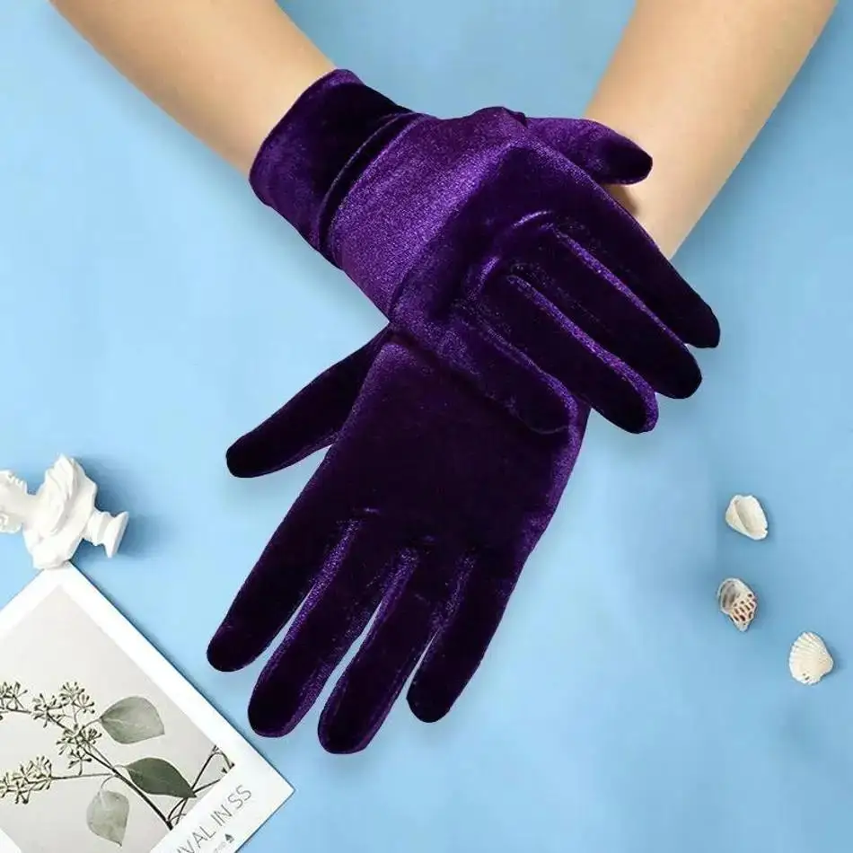 1 Uds. Guantes cortos de terciopelo de ópera, guantes para disfraz de Halloween para mujer, Flapper elástico hasta la muñeca, banquete, fiesta de té - imagen 4