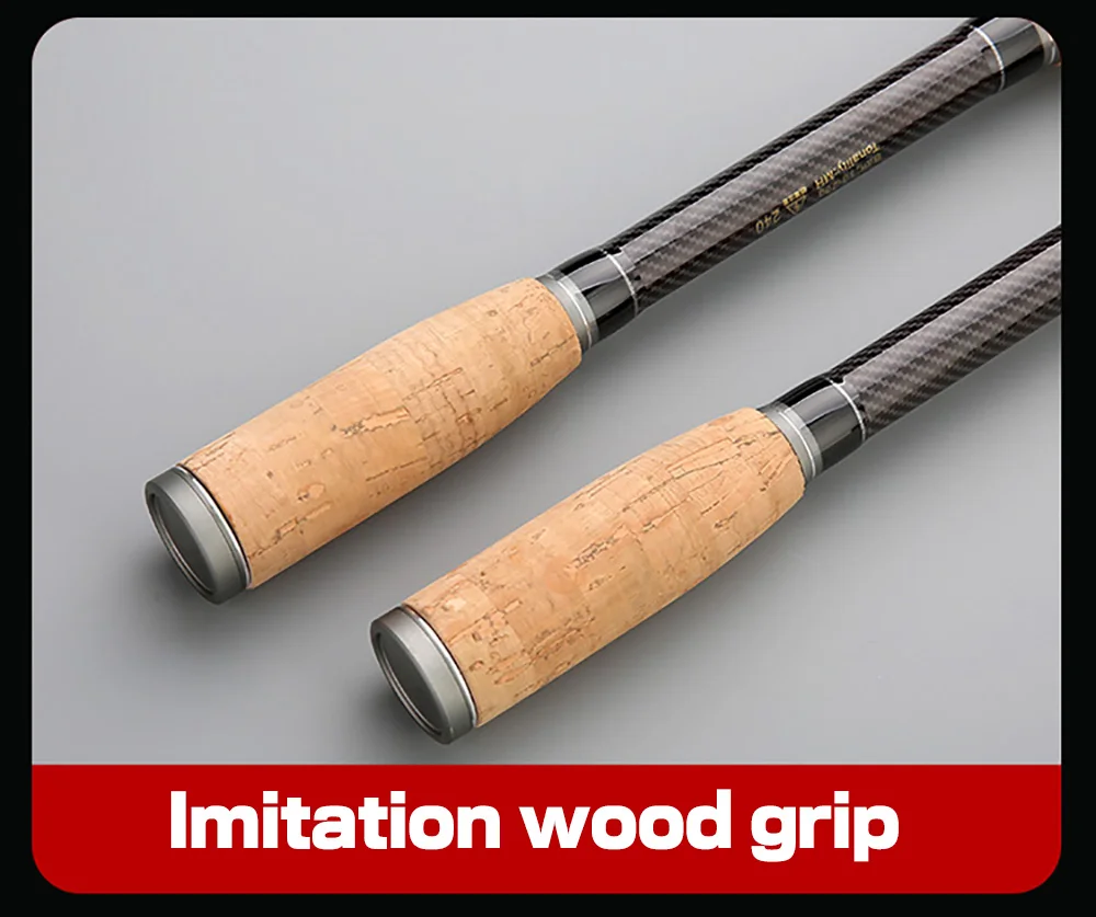 Se muestran dos empuñaduras de madera con un fondo rojo que dice empuñadura de madera de imitación