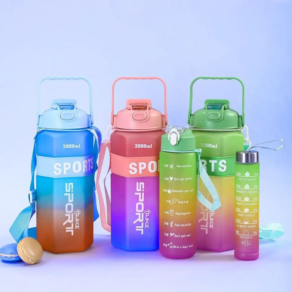 Juego de tres piezas de botellas de agua deportivas hexagonales de gran capacidad a prueba de fugas taza colorida esmerilada con pajita hervidor deportivo para Fitness - imagen 5