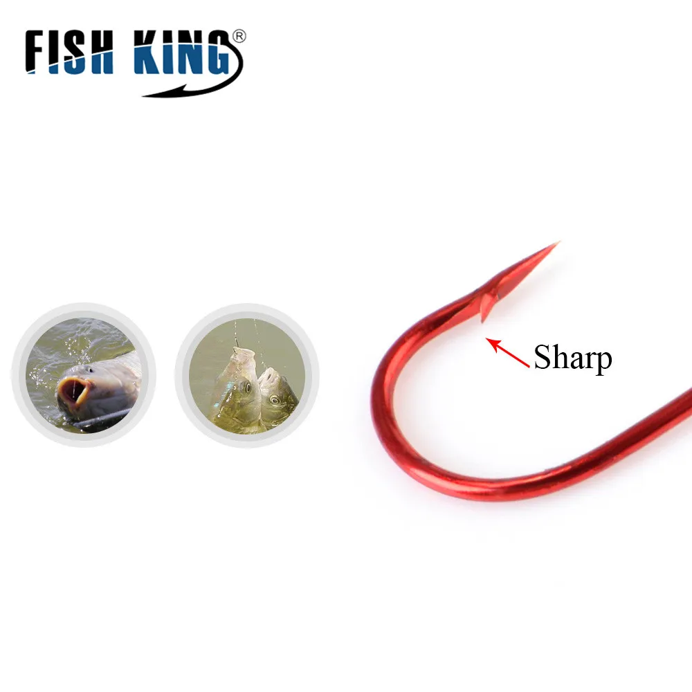 FISH KING-anzuelo de pesca de 50 piezas, anzuelo de pesca rojo largo 6 #-16 # con púas, anzuelo de acero de alto carbono, señuelo doblado, aparejos de carpa anillados - imagen 4