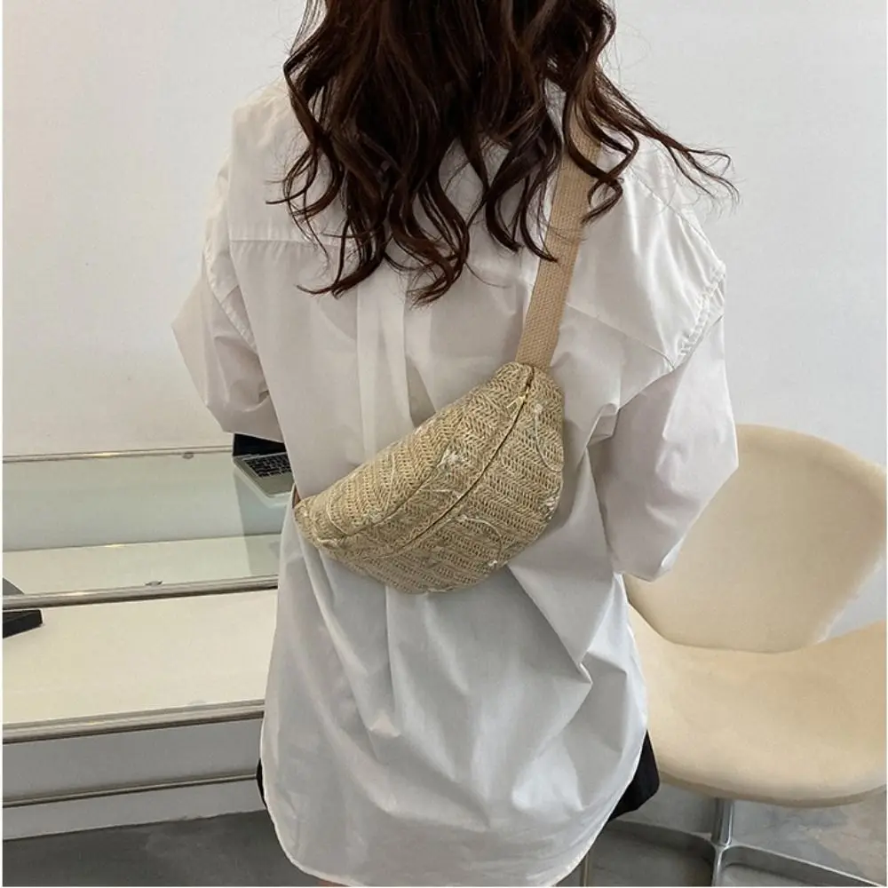 Bolso cruzado tejido de paja de hoja para mujer, bolso de cintura tejido de paja de malla de encaje, bolso de pecho tejido con correa ajustable ligera - imagen 5