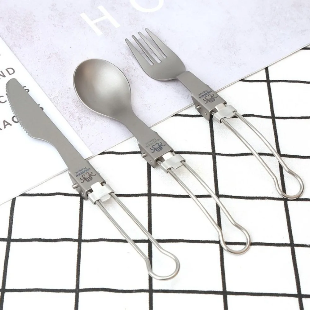 Tenedor plegable de titanio medio pulido, tenedor portátil ligero para acampar, cuchara, Kit de viaje, juego de vajilla plegable para exteriores - imagen 4