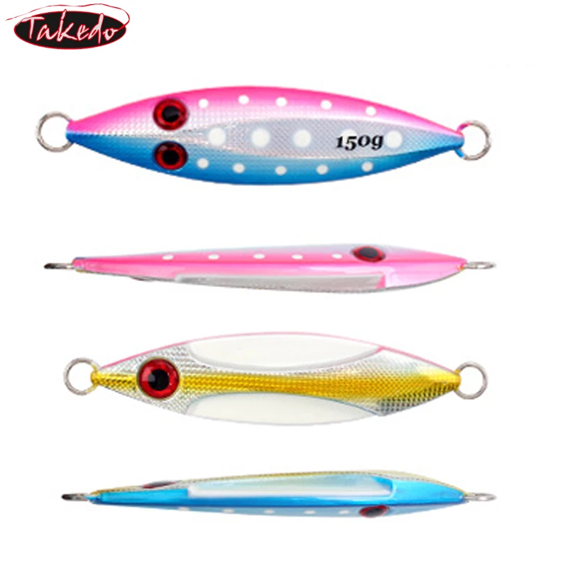 TAKEDO MJ01 100g 150g 200g 250g señuelo de Jigging de paso lento cebo de plantilla de vibración de Metal señuelo de pesca luminoso cebo de plantilla de plomo - imagen 5