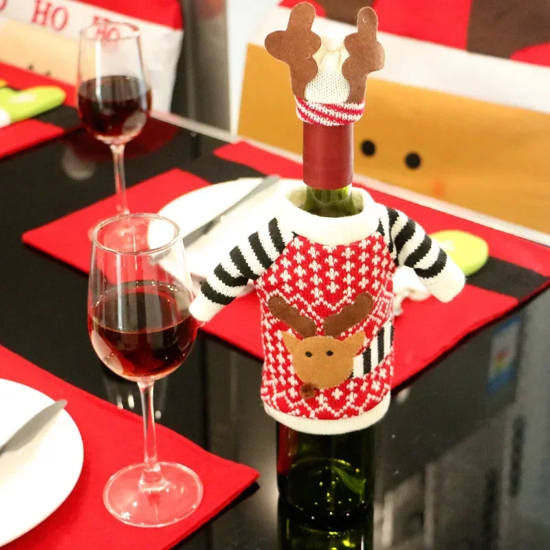 Conjunto de funda para botella de vino de Navidad, Año Nuevo, Papá Noel, muñeco de nieve, lana tejida, bolsas para botellas de vino tinto para decoración de mesa de cena y fiesta de Navidad - imagen 3