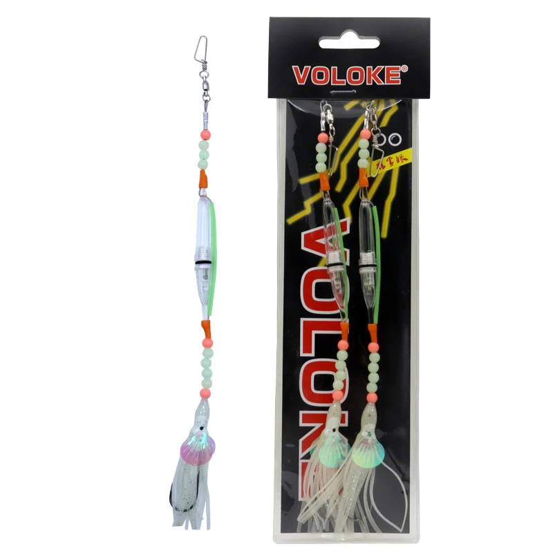 ZYZ 2 unids/bolsa anzuelos de aparejo de cola de pelo con luz LED luminosa calamar cebo suave anzuelos de cuerda de pesca de mar aparejos de cebo de pesca de agua salada