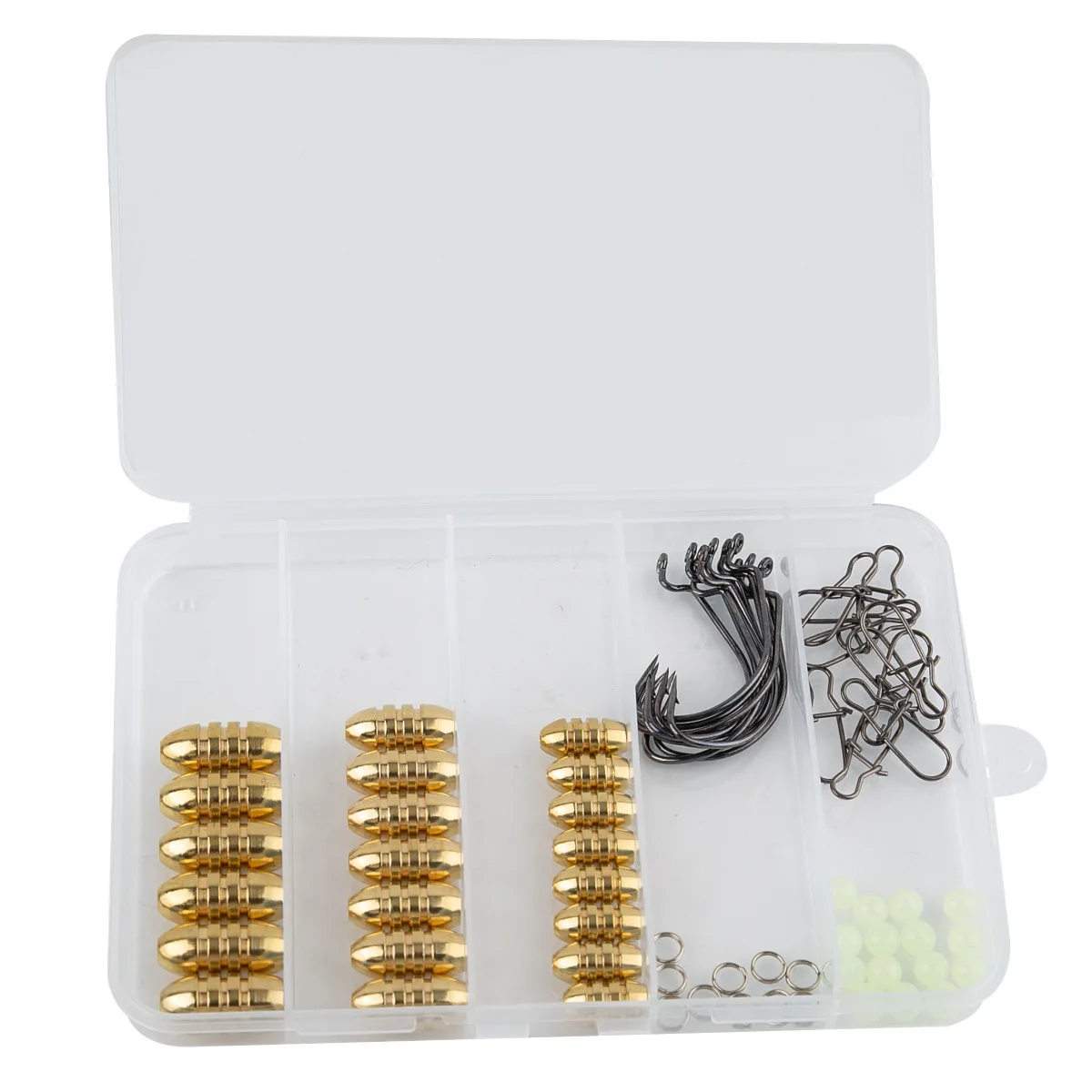 Juego de plomos de pesca con pesas de latón, anzuelos de plantilla, conector de anillo giratorio de pesca, caja de plástico - imagen 3