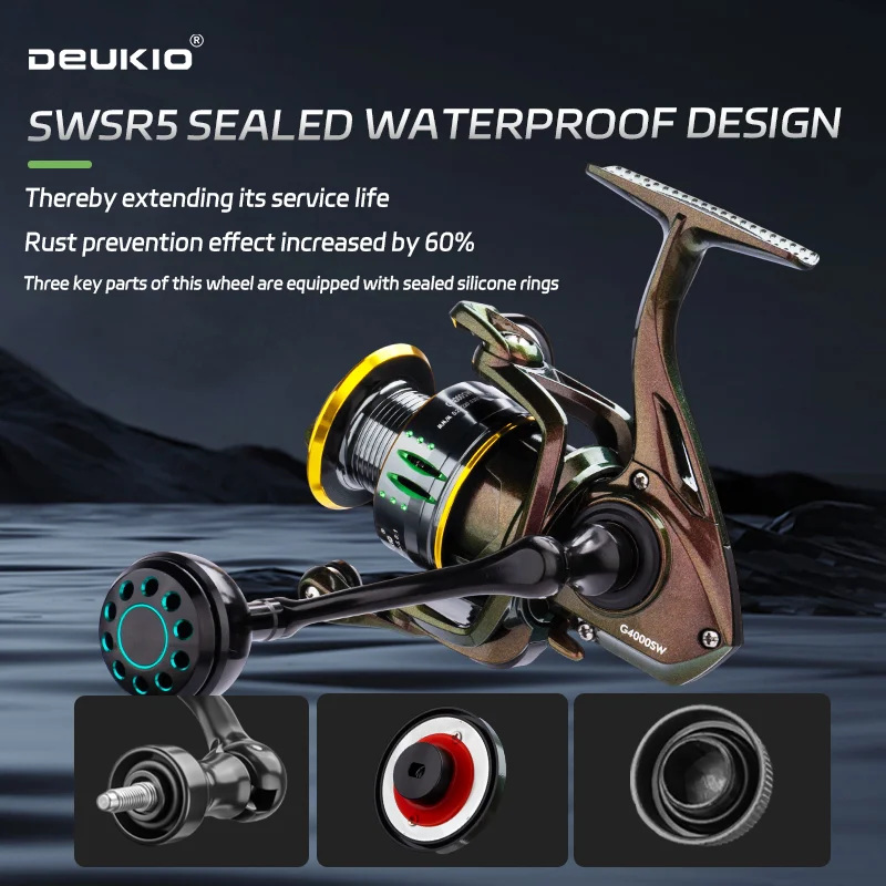 Carrete de pesca giratorio DEUKIO serie 2000-7000 agua salada 5,0:1 relación de engranaje 33lb arrastre perilla de Metal agarre carretes de pesca giratorios - imagen 3