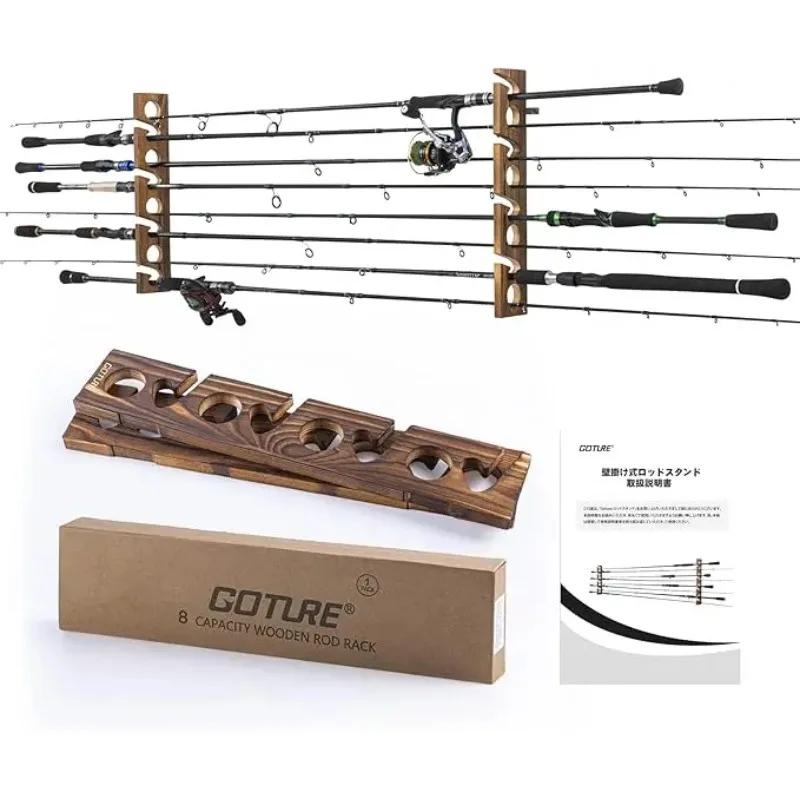 Goture-cañas de pescar de madera con 8 agujeros, soporte de almacenamiento de pared, estante de exhibición para caña de pescar Horizontal, herramienta máxima de 2,5 kg - imagen 2