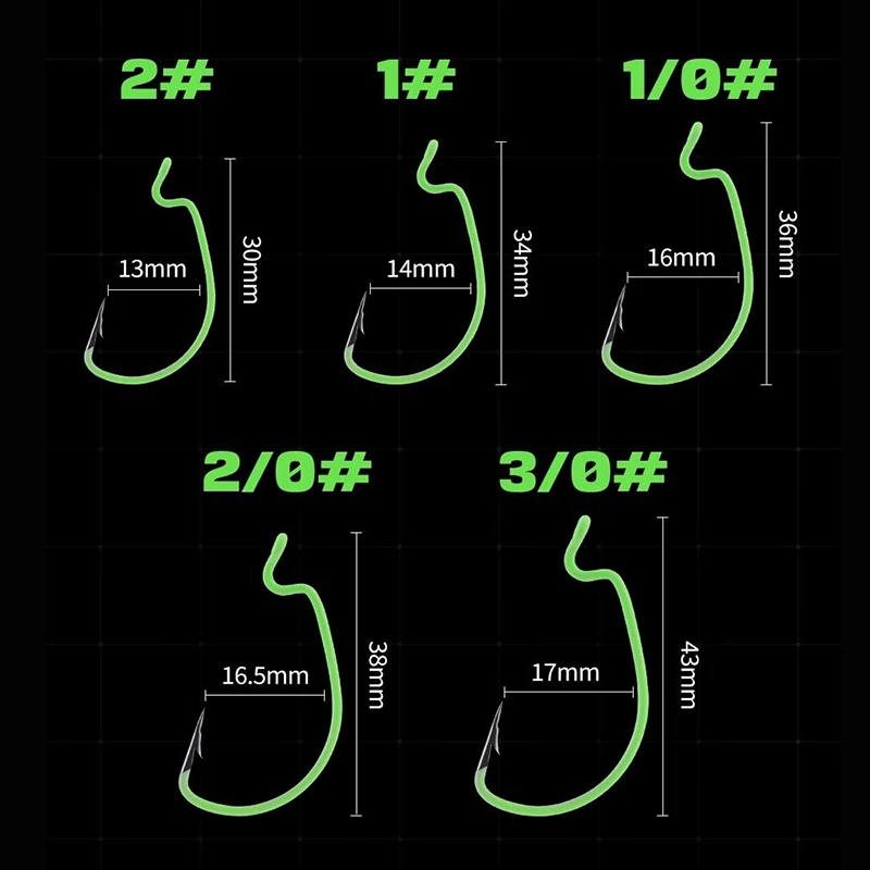 Anzuelo de pesca luminoso de 10-50 Uds., anzuelo compensado de manivela ancha de acero al carbono para señuelo de gusano suave, anzuelos de pesca de carpa con púas para lubina