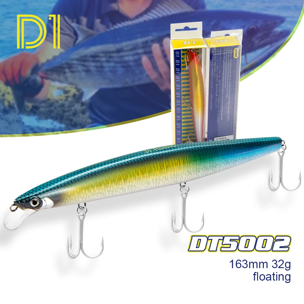 Señuelo de pesca suspendido D1 Sea Bait con anzuelo BKK, 160mm, 145mm, 120mm, señuelo artificial tipo Minnow Wobbler profesional para pesca de lubina DT5002