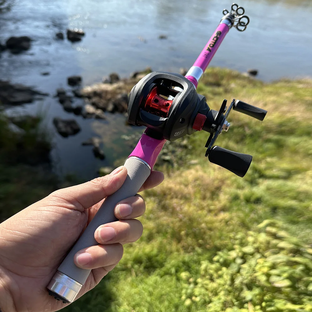 Baitcast-Juego de caña de pescar y carrete, accesorio de fundición telescópica, ultraligero, relación de engranaje 1,5: 1, color rosa, 1,8 m, 2,1 m, 2,4 m - imagen 4