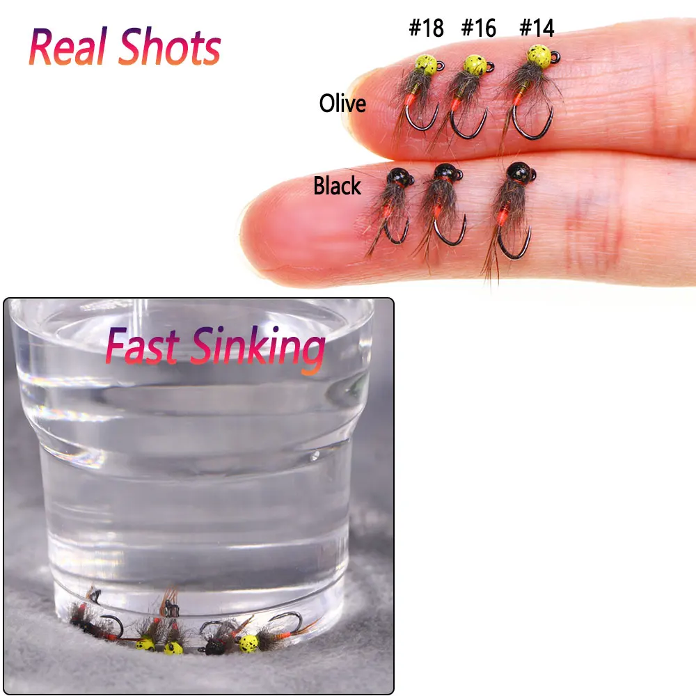 Bimoo 6PCS # 14 # 16 # 18 plantilla moteada con cabeza de cuentas, plantilla sin púas, Ninfa de hundimiento rápido, Perdigon Euro, ninfa húmeda, Señuelos de pesca de trucha, mosca - imagen 5