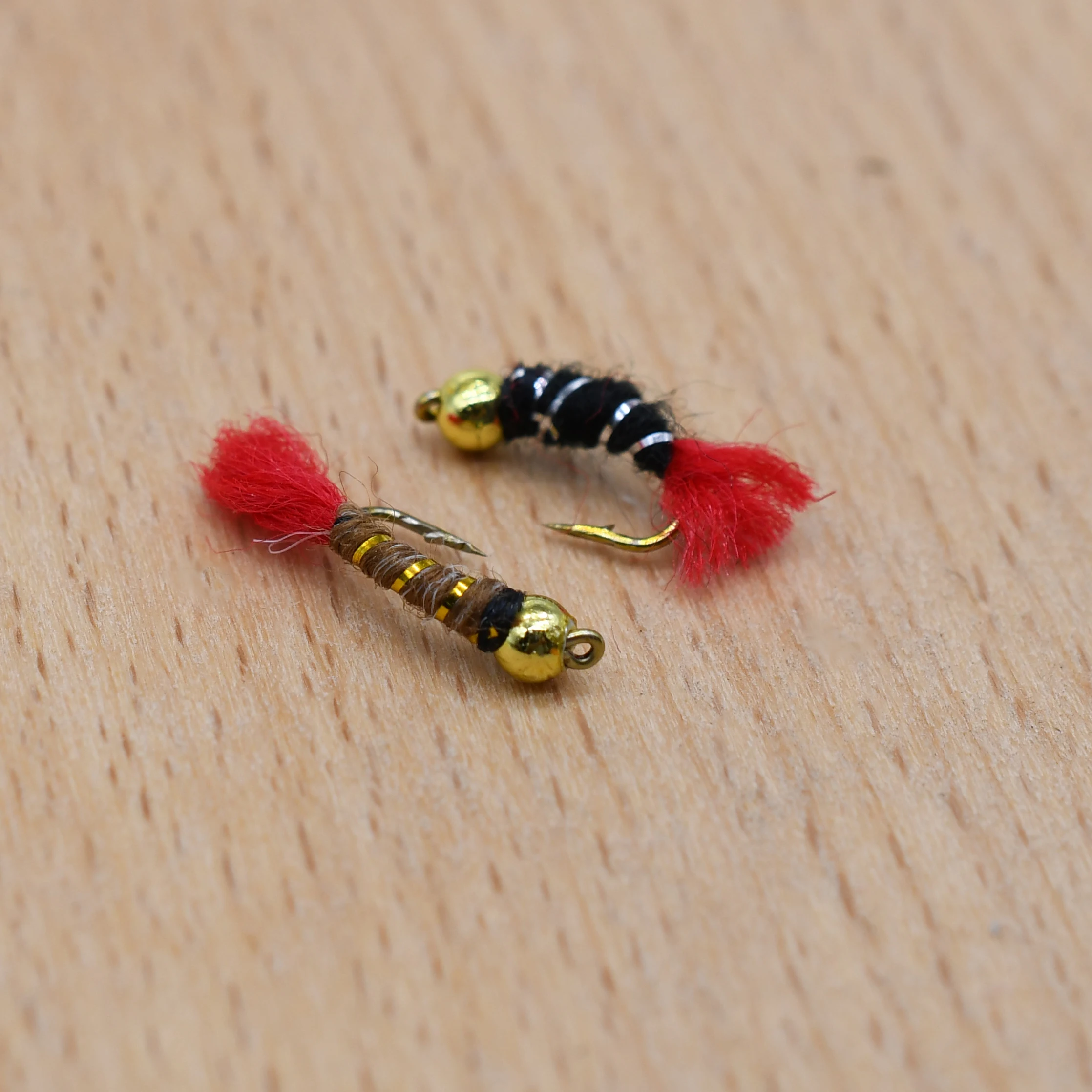 MNFT 10 piezas 14 #   Señuelo de pesca con mosca Ninfa de cola roja Golden Beadhead, cebo Artificial negro y marrón - imagen 4