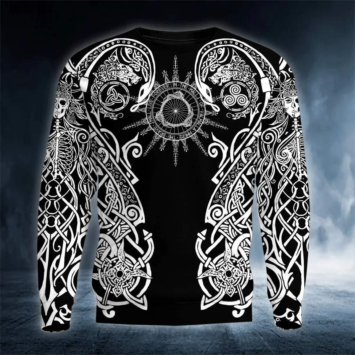 Sudadera con capucha y sudadera para hombre con estampado 3D de tatuaje de mitología nórdica en blanco y negro, sudadera informal Unisex con cremallera QDY46 - imagen 3