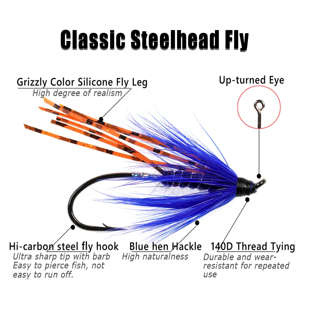 Bimoo-Señuelos de Pesca de agua dulce, 6 piezas, #2, #4, #6, azul, clásico, Mosca de acero, Arco Iris, marrón, gris, salmón - imagen 2